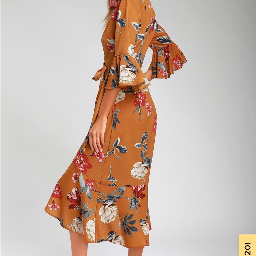 Lulu’s Mustard Yellow Floral Midi Wrap Dress NWOT - Picture 3 of 7
